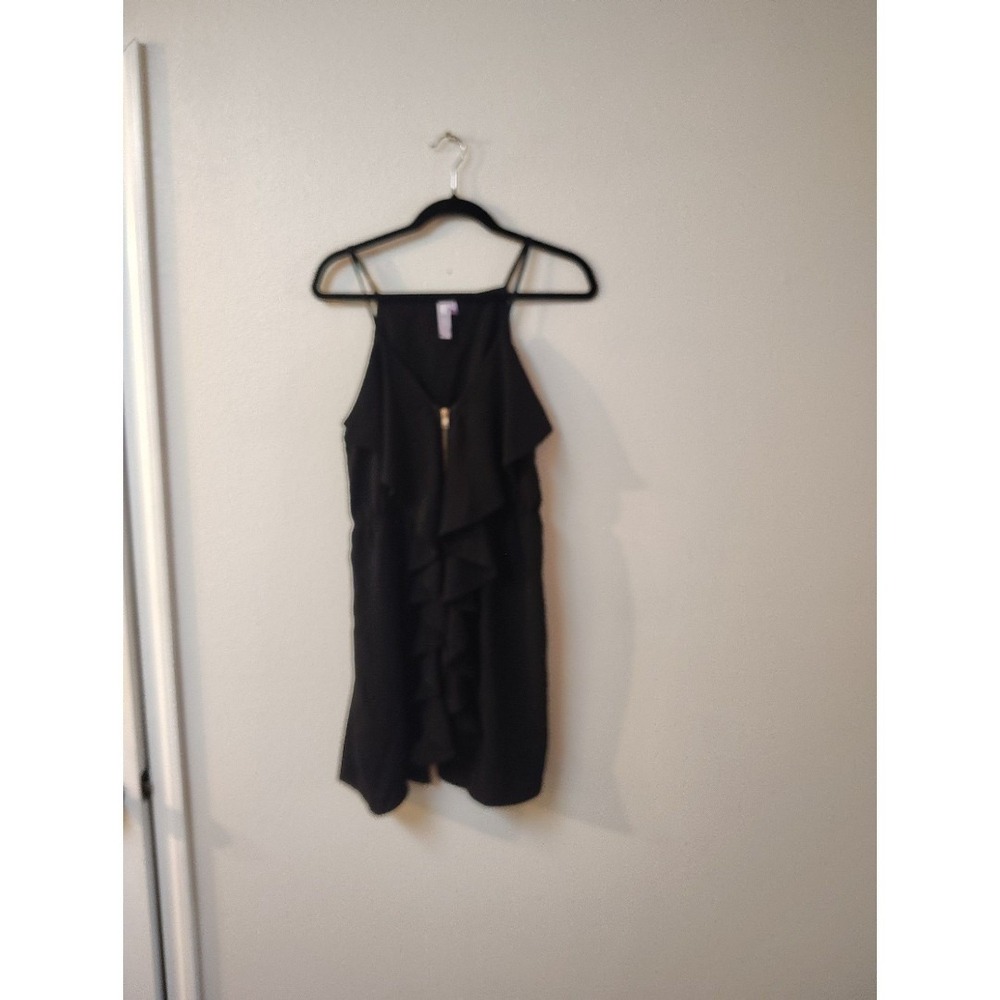 Alya Black Ruffle Front Zip Mini‎ Dress Sleeveless Spaghetti Strap L